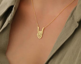 Rock n Roll Hand Sign Necklace in Sterling Silver, Sign of The Horns Pendant, Hard Rock Hand Sign Symbol Necklace, Sign Language Charm Gift