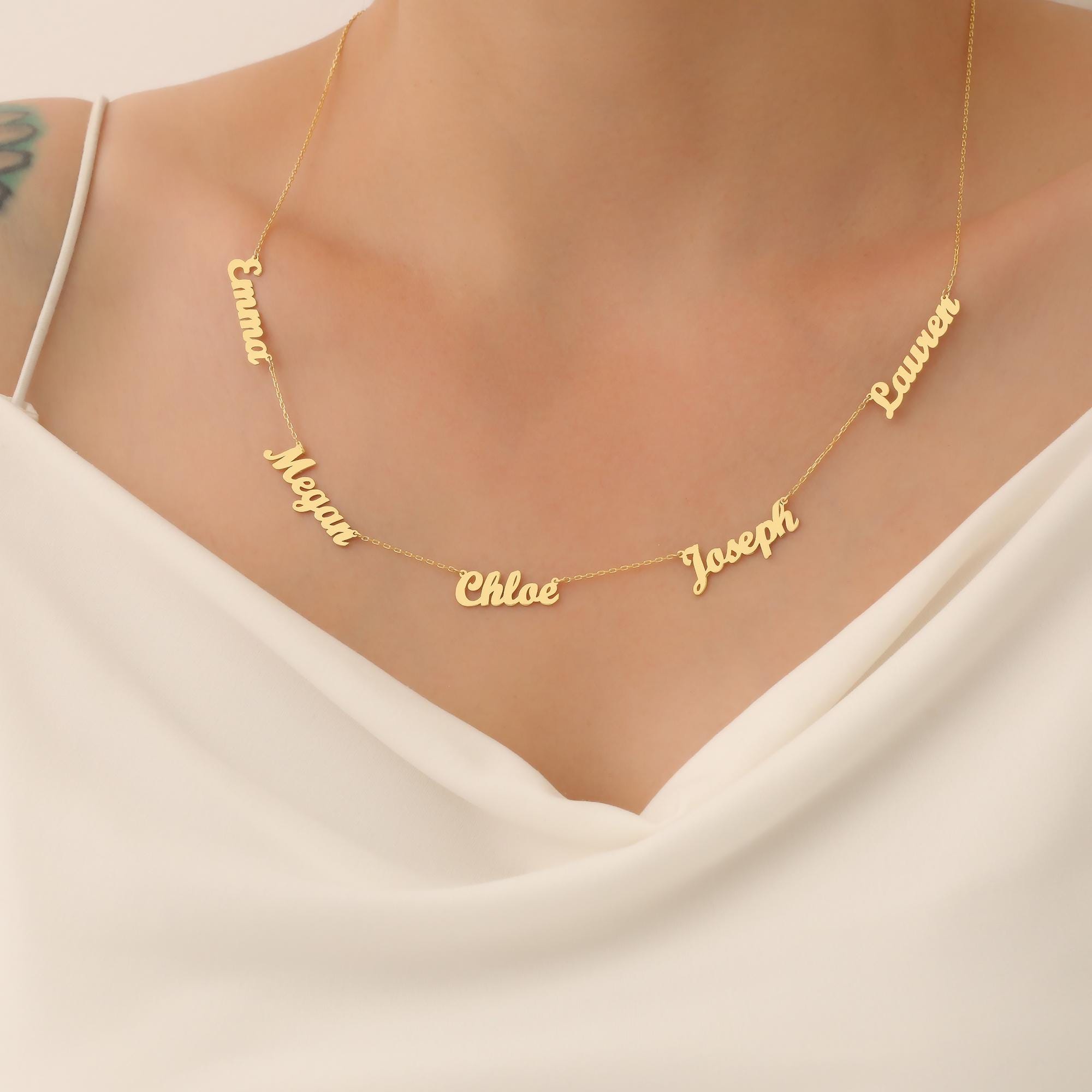Multiple Name Necklace Gold, Five Name Necklace, Family Name Necklace ...
