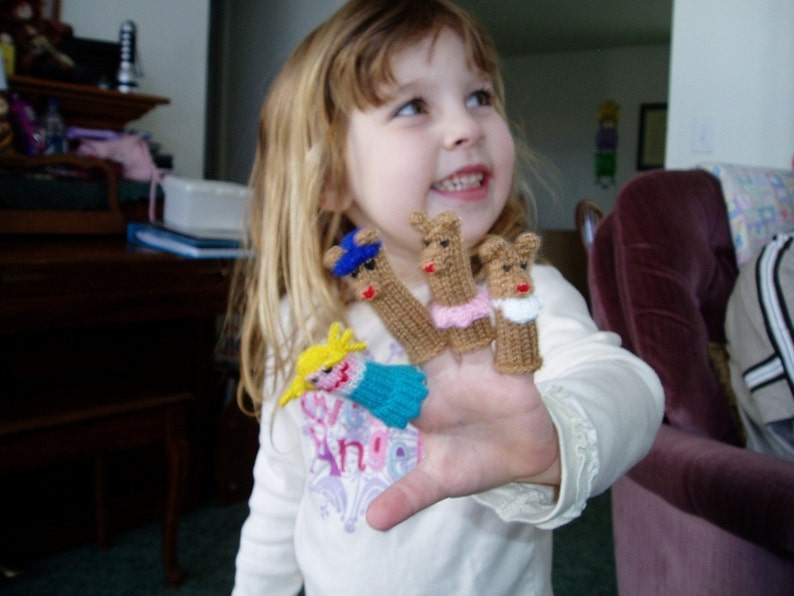 Goldilocks and the Three Bears Finger Puppet Set Includes Goldilocks, Papa Bear, Mama Bear, and Baby Bear. We can create custom orders. image 4