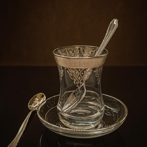 Op de afbeelding: Een heldere glazen theekop met sierlijke zilveren rand en twee zilveren lepels. De kop staat op een bijpassende schotel, met een lepel in de kop en een andere op de schotel. Het ontwerp is elegant en gedetailleerd.