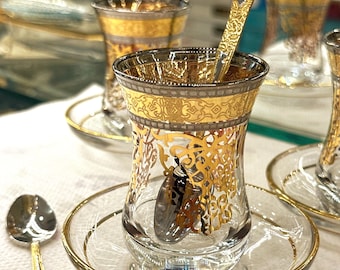 Service de verres à thé turc doré, motif doré