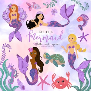 Purple Mermaid Clipart, Mermaid Girl, Under The Sea, Purple Mermaid, DIY, PNG, Stationery, Scrapbook, Commercial Use