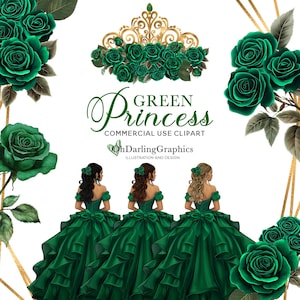 Groene prinsessenjurk clipart, groene quinceañera, groene bloemen, geometrische frames, sweet 16, bal, tiara, mis kweepeer, commercieel gebruik