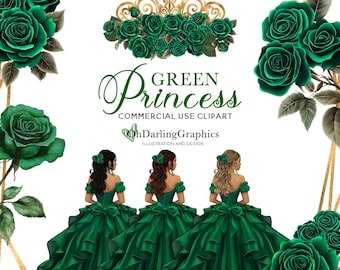 Grüne Prinzessin Kleid Clipart, grüne Quinceamaßa, grüne Blumen, geometrische Rahmen, Sweet 16, Abschlussball, Tiara, Mis Quince Años, kommerzielle Nutzung