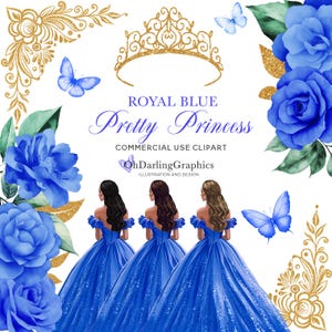 Clipart koningsblauwe prinsessenjurk, jurk quinceañera, koningsblauwe bloemen, vlinder, tiara, sweet 16, bal, mis kweepeer, commercieel gebruik