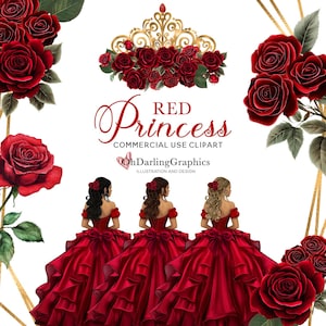 Rotes Prinzessinnen Kleid Clipart, rote Quinceamaßa, rote Blumen, Geometrische Rahmen, PNG, Sweet 16, Abschlussball, Tiara, Mis Quince Años, kommerzielle Nutzung