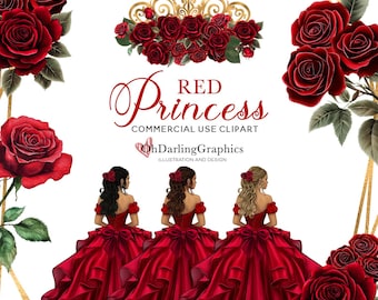 Rotes Prinzessinnen Kleid Clipart, rote Quinceamaßa, rote Blumen, Geometrische Rahmen, PNG, Sweet 16, Abschlussball, Tiara, Mis Quince Años, kommerzielle Nutzung