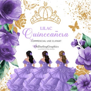 Flieder Prinzessinnen Kleid Clipart, Flieder Quinceaño Kleid, Flieder Rosen, Glitter, Sweet 16, Abschlussball, Mis Quince Años, Kommerzielle Nutzung