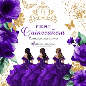 Lila Prinzessin Kleid Clipart, Lila Quinceamaßa Kleid, Lila Rosen, Glitter, Sweet 16, Abschlussball, Mis Quince Años, Kommerzielle Nutzung