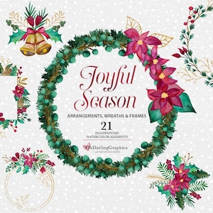 Guirlandas de aquarela de Natal, feriado, clipart pintado à mão, clipart de feriado, guirlandas, molduras, buquês, PNG, papelaria, uso comercial