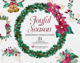 Christmas Watercolor Wreaths, Holiday, Hand Painted Clipart, Holiday Clipart, Wreaths, Frames, Bouquets, PNG, Stationery, Commercial Use