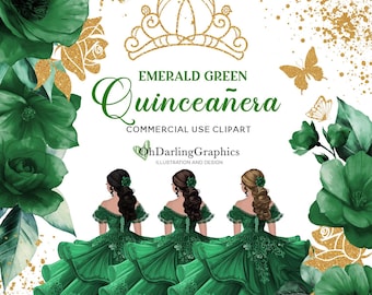 Smaragdgroene prinsesjurk clipart, groene jurk quinceañera, groene bloemen, glitter, sweet 16, schoolbal, mis kweepeer, commercieel gebruik