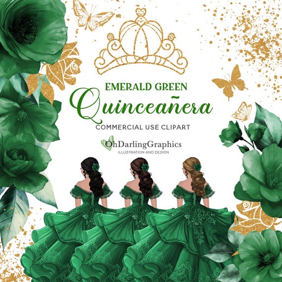 Emerald Green Princess Dress Clipart, Green Quinceaera Dress, Green  Flowers, Glitter, Sweet 16, Prom, Mis Quince Aos, Commercial Use - Etsy