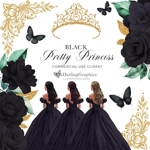 Zwarte prinsesjurk clipart, zwarte jurk quinceañera, zwarte bloemen, tiara, vlinder, sweet 16, bal, mis kweepeer, commercieel gebruik
