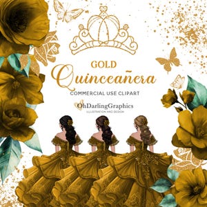 Gold Princess Dress Clipart, Gold Quinceañera Dress, Gold Flowers, Glitter, Sweet 16, Prom, Mis Quince Años, Commercial Use