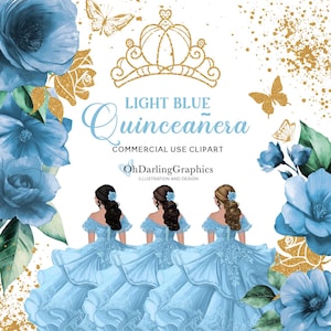 Hellblaues Prinzessinen Kleid Clipart, Hellblaues Quinceaño Kleid, Hellblaue Rosen, Glitzer, Sweet 16, Abschlussball, Mis Quince Años, Kommerzielle Nutzung