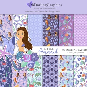 May include: A set of 22 digital papers featuring a mermaid theme. The papers include various patterns with mermaids, seashells, starfish, and other ocean-themed elements in shades of purple, blue, and white. The papers are 12 inches by 12 inches and 300 DPI.
