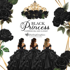 Zwarte prinsesjurk clipart, zwarte jurk quinceañera, zwarte bloemen, geometrische frames, sweet 16, bal, mis Quinceañera, commercieel gebruik