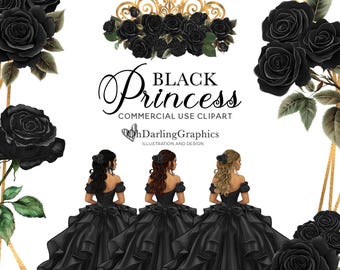 Schwarzes Prinzessinnen Kleid Clipart, schwarzes Quinceaño Kleid, schwarze Blumen, geometrische Rahmen, Sweet 16, Abschlussball, Mis Quince Años, kommerzielle Nutzung