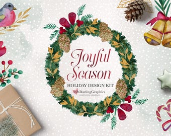 Christmas Watercolor Clipart, Holiday, Hand Painted Clipart, Holiday Card Clipart, Wreaths, PNG, Stationery, Scrapbook, Commercial Use