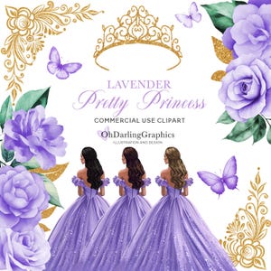 Lavendel Prinzessin Kleid Clipart, Quinceaño Kleid, Lavendel Blumen, Tiara, Schmetterling, Sweet 16, Abschlussball, Mis Quince Años, kommerzielle Nutzung