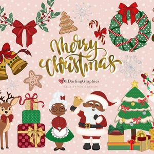 May include: A digital illustration of a Christmas scene with a gold "Merry Christmas" text, a red and green wreath, a snowman, a reindeer, a Christmas tree, a gingerbread man, a Santa Claus, a woman with a white hair bun, and presents.