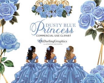 Dusty Blue Princess Dress Clipart, Quinceañera, Princess Doll, Geometric Frames, PNG, Sweet 16, Prom, Tiara, Mis Quince Años, Commercial Use