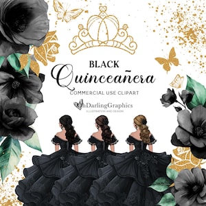 Black and Gold Quince Dress Clipart - Etsy
