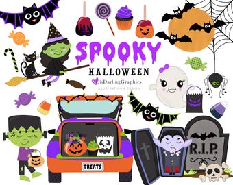 Cute Halloween Clipart, Trunk or Treat, Halloween Costume, Drive By Halloween Party, DIY, PNG, Stationery, Scrapbook, Commercial Use