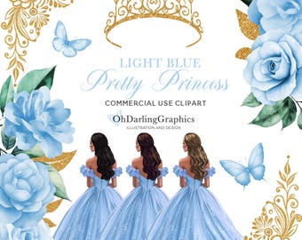 Light Blue Princess Dress Clipart, Quinceañera Dress, Blue Flowers, Cinderella, Tiara, Sweet 16, Prom, Mis Quince Años, Commercial Use