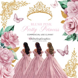 Blush Pink Princess Dress Clipart, Vestido Rosa Quinceañera, Flores Rosa, Tiara, Borboleta, Doce 16, Baile, Mis Quince Años, Uso Comercial