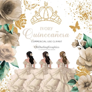 Ivory Princess Dress Clipart, Ivory Quinceañera Dress, Ivory Flowers, Glitter, Sweet 16, Prom, Mis Quince Años, Commercial Use