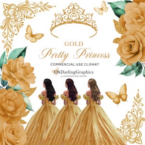 Gold Princess Dress Clipart, Quinceañera Dress, Gold Flowers, Tiara, Butterfly, Sweet 16, Prom, Mis Quince Años, Commercial Use