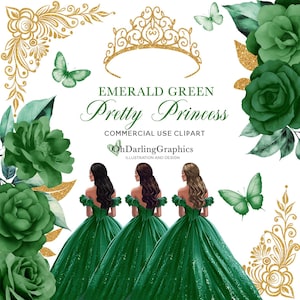 Smaragdgrüne Prinzessin Kleid Clipart, Quinceaño Kleid, grüne Blumen, Tiara, Schmetterling, Sweet 16, Abschlussball, Mis Quince Años, kommerzielle Nutzung
