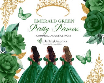 Emerald Green Princess Dress Clipart, Quinceañera Dress, Green Flowers, Tiara, Butterfly,  Sweet 16, Prom, Mis Quince Años, Commercial Use