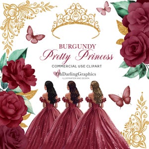 Clipart robe de princesse bordeaux, robe de quinceañera, fleurs bordeaux, diadème, papillon, Sweet 16, bal de promo, Mis Coing Años, usage commercial