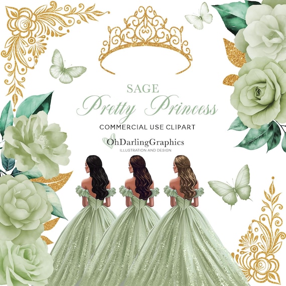 Sage Princess Dress Clipart, Quinceaera Dress, Sage Flowers, Butterfly,  Tiara, Sweet 16, Prom, Mis Quince Aos, Commercial Use - Etsy