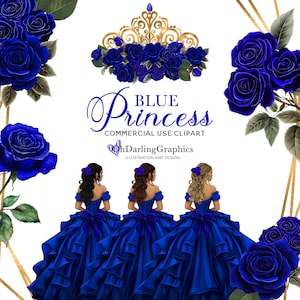 Blauwe prinsesjurk clipart, blauwe quinceañera, koningsblauwe bloemen, geometrische frames, sweet 16, bal, tiara, mis kweepeer, commercieel gebruik