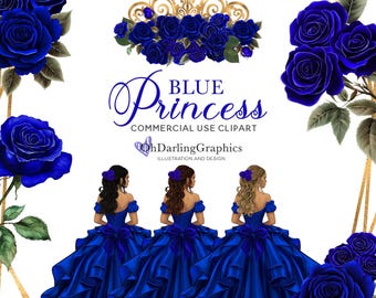 Blaue Prinzessin Kleid Clipart, blaue Quinceaëra, königsblaue Blumen, geometrische Rahmen, Sweet 16, Abschlussball, Tiara, Mis Quince Años, kommerzielle Nutzung