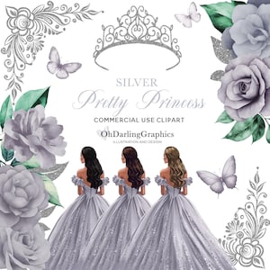 Silber Prinzessin Kleid Clipart, Quinceaňera Kleid, silberne Blumen, Schmetterling, Tiara, Sweet 16, Abschlussball, Mis Quince Años, kommerzielle Nutzung