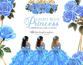 Light Blue Princess Dress Clipart, Quinceañera, Cinderella, Geometric Frames, PNG, Sweet 16, Prom, Tiara, Mis Quince Años, Commercial Use