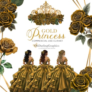 Gold Princess Dress Clipart, Gold Quinceañera Dress, Gold Flowers, Geometric Frames, Sweet 16, Prom, Mis Quince Años, Commercial Use