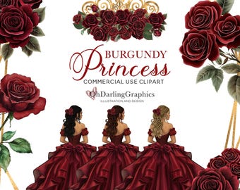 Burgunder Prinzessin Kleid Clipart, Burgunder Quinceaños, Blumen, Geometrische Rahmen, PNG, Sweet 16, Abschlussball, Mis Quince Años, kommerzielle Nutzung