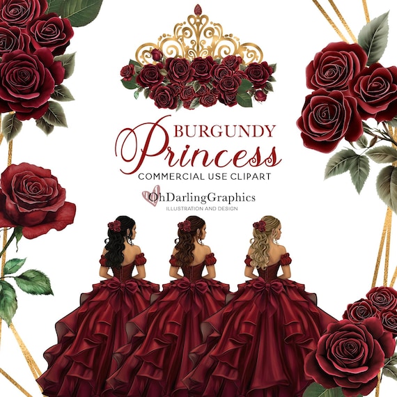 Burgundy Princess Dress Clipart, Burgundy Quinceañera, Flowers, Geometric  Frames, PNG, Sweet 16, Prom, Mis Quince Años, Commercial Use