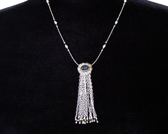 Vintage Rhinestone Earring Repurposed as an Elegant Blue Rhinestone Tassel Necklace