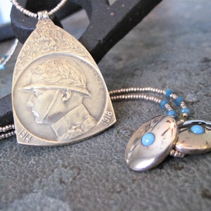 Antique WWI Belgium Bronze Victory Medal Necklace - Art Nouveau Winged Lady Victory Angel