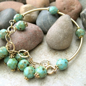 Eye Catching Half Bangle Bracelet of Cascading Turquoise Hued Czech Glass Beads on Gold Filled Chain