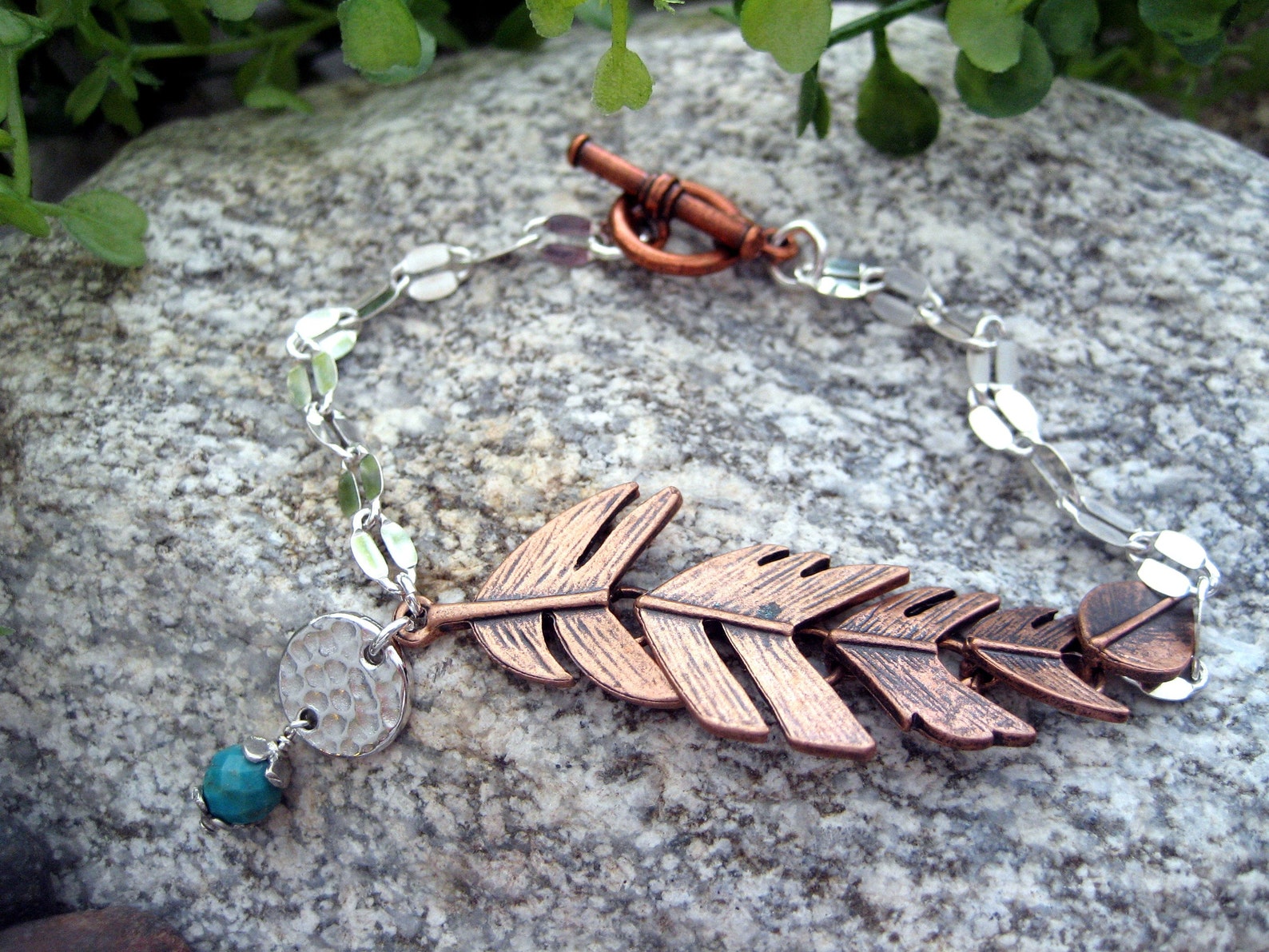 Articulated Copper Feather Bracelet With Sterling Silver Specialty
