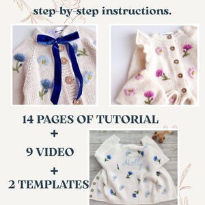 Pode incluir: Cardigan de bebé de malha creme com bordado floral azul e rosa. O cardigan apresenta botões de madeira e uma fita de veludo azul. A imagem inclui o texto: "Includes a video file with step-by-step instructions."