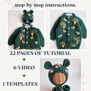 May include: A dark green knitted baby set with bee and honeycomb embellishments. The set includes a hat with bear ears, a cardigan, and booties. The image also includes text that says "Includes a video file with step-by-step instructions."